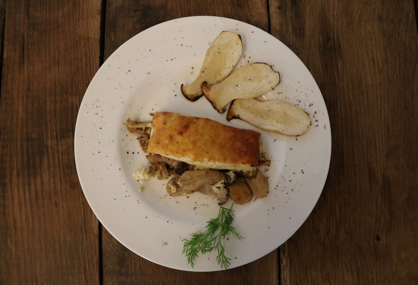 Maronenauflauf oder Steinpilzauflauf mit Pecorino