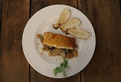 Maronenauflauf oder Steinpilzauflauf mit Pecorino